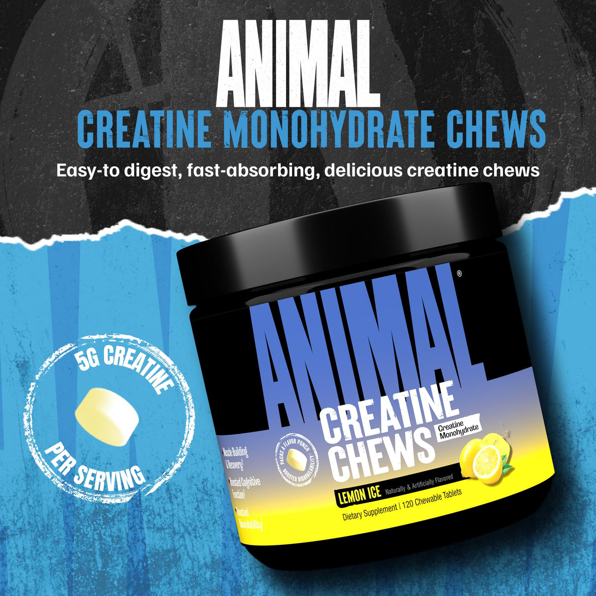 Animal Creatine Chews Tablets - Enhanced Creatine Monohydrate with AstraGin to Improve Absorption, Sea Salt for Added Pumps, Delicious and Convenient Chewable Tablets - Lemon Ice - Maple Wellness Supplements