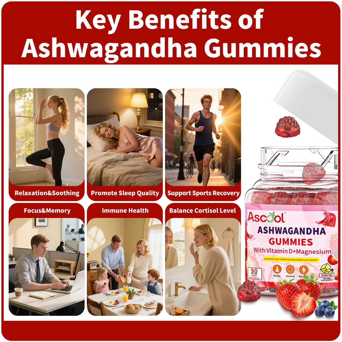 Ascool Ashwagandha Gummies for Stress Support & Relaxation with Magnesium + Vitamin D – 90 Count Sugar-Free, Vegan Ashwa Supplements - Maple Wellness Supplements