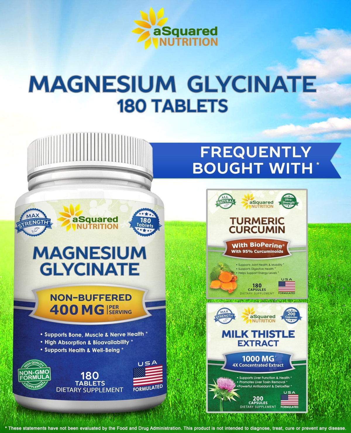 aSquared Nutrition Magnesium Glycinate 400mg - 180 Tablets - Max Strength Magnesium Bisglycinate Supplement -Maximum Bioavailability & Absorption-Non-GMO - Maple Wellness Supplements