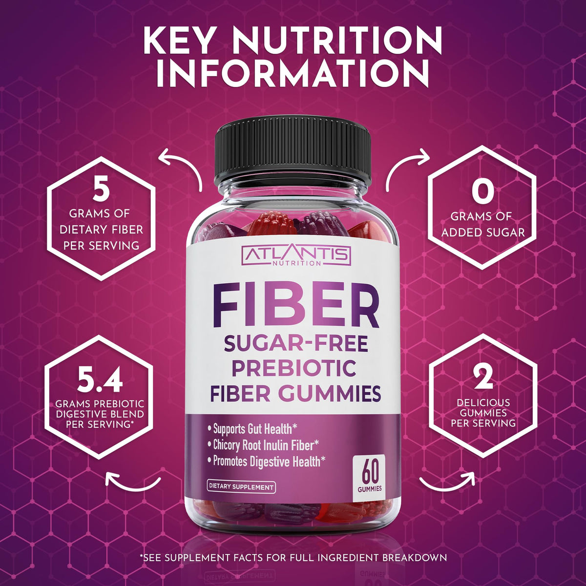 Atlantis Nutrition Sugar Free Fiber Gummies for Adults - 5G Fiber Supplement Formulated with 5.4G Prebiotic Digestive Blend/Serving - Supports Gut Health & Healthy Digestion - Maple Wellness Supplements