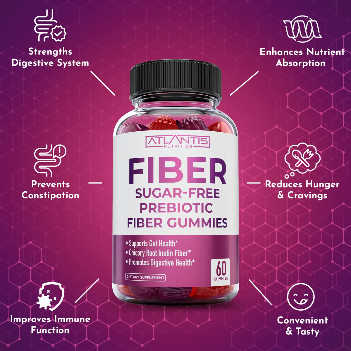 Atlantis Nutrition Sugar Free Fiber Gummies for Adults - 5G Fiber Supplement Formulated with 5.4G Prebiotic Digestive Blend/Serving - Supports Gut Health & Healthy Digestion - Maple Wellness Supplements