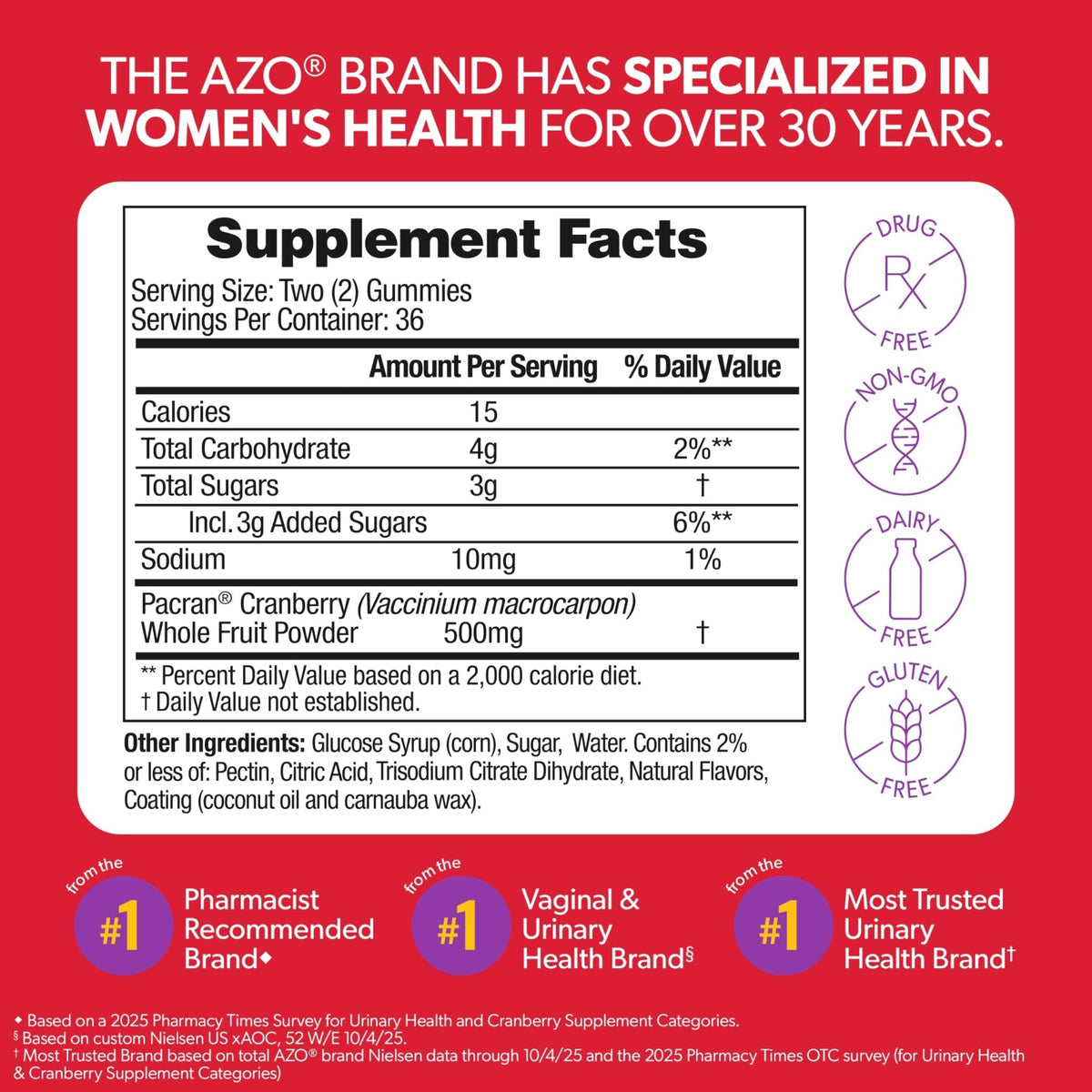 AZO Cranberry Urinary Tract Health Gummies Dietary Supplement, 2 Gummies = 1 Glass of Cranberry Juice, Helps Cleanse & Protect - Maple Wellness Supplements