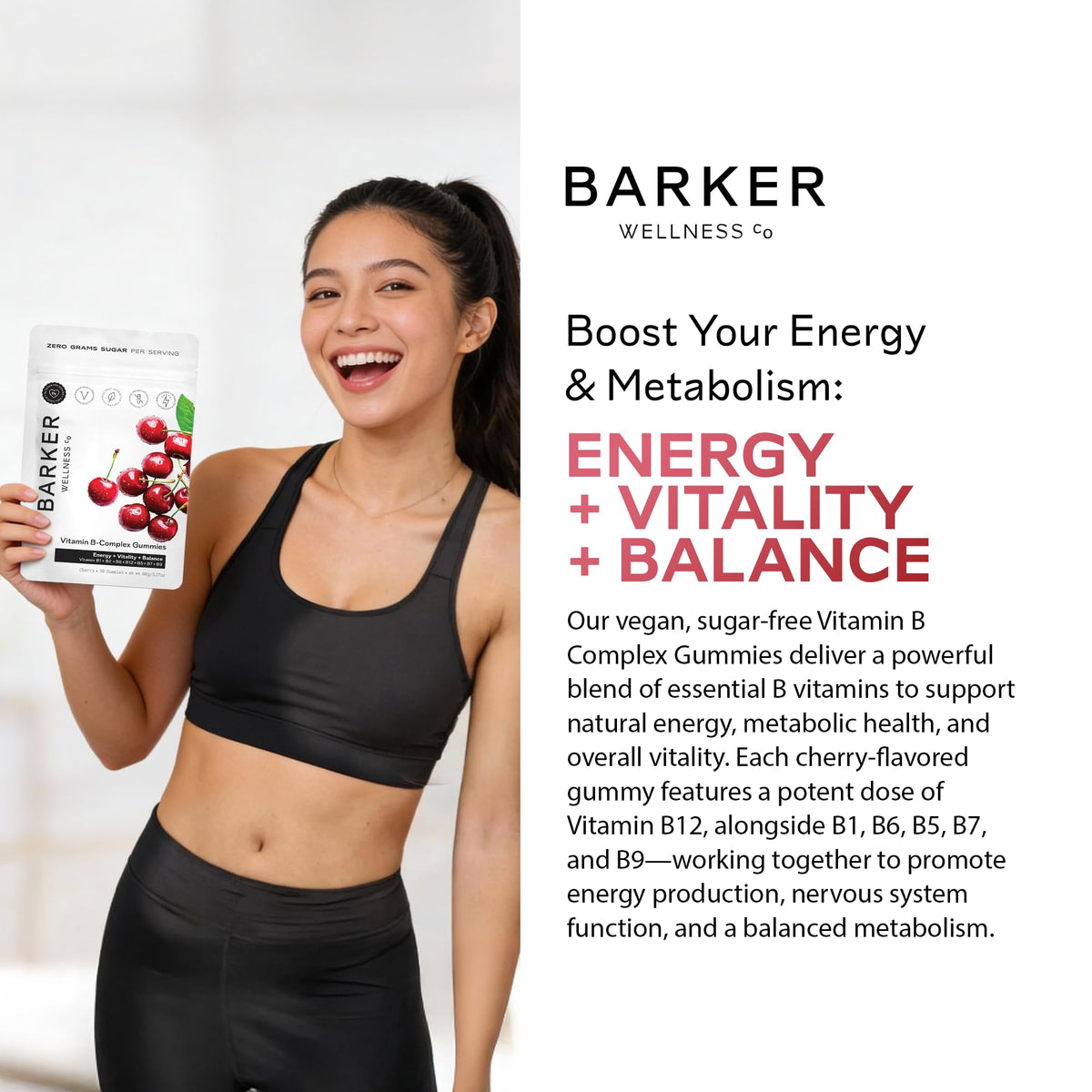 Barker Wellness Vegan B-Complex Gummies – Comprehensive Energy & Metabolism Boost with B1, B5, B6, B7 Biotin, B9 Folate, B12 - Maple Wellness Supplements