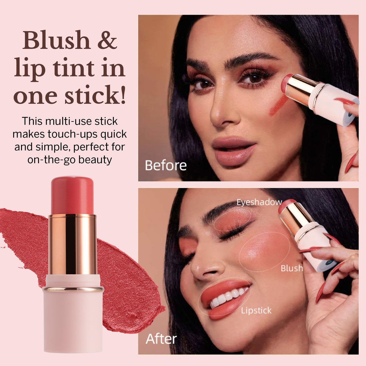 BeautiHome Blush Stick for Cheeks & Lips Multistick Cream Blush- Easy to Apply & Blend- Infused with Nourishing Ingredients for your Skin Compact Travel Size Makeup (Misty Rose, Small) - Maple Wellness Supplements