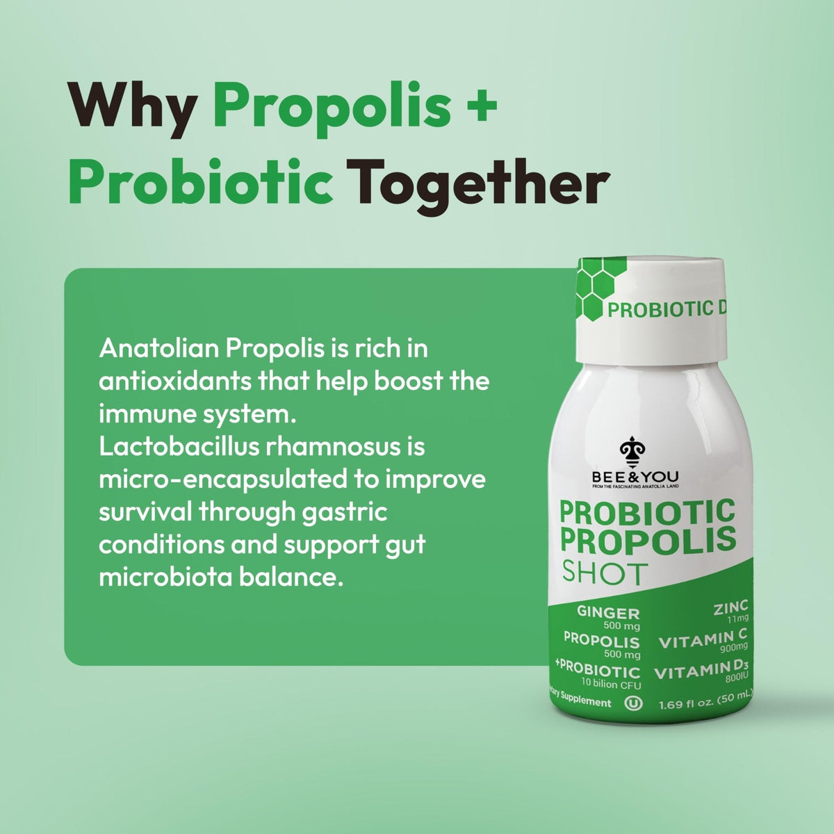 Bee and You Propolis Immune Shot, Probiotic, Vitamin C, Vitamin D3, Zinc, Ginger, Immune Support, Gut Health, Digestive Health, Bioactive 1.69 Fl. oz, 12 Pack - Maple Wellness Supplements