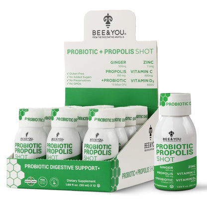 Bee and You Propolis Immune Shot, Probiotic, Vitamin C, Vitamin D3, Zinc, Ginger, Immune Support, Gut Health, Digestive Health, Bioactive 1.69 Fl. oz, 12 Pack - Maple Wellness Supplements