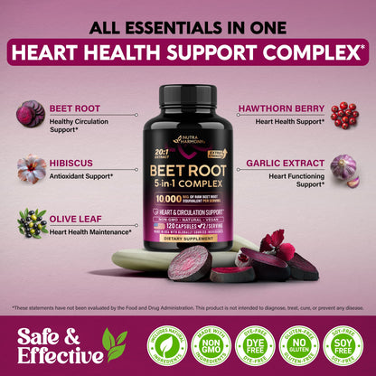 Beet Root 5-in-1 Complex Capsules - Healthy Blood Pressure Support Supplement for Heart & Circulation Support - Olive Leaf, Hawthorn Berry & Hibiscus - Maple Wellness Supplements