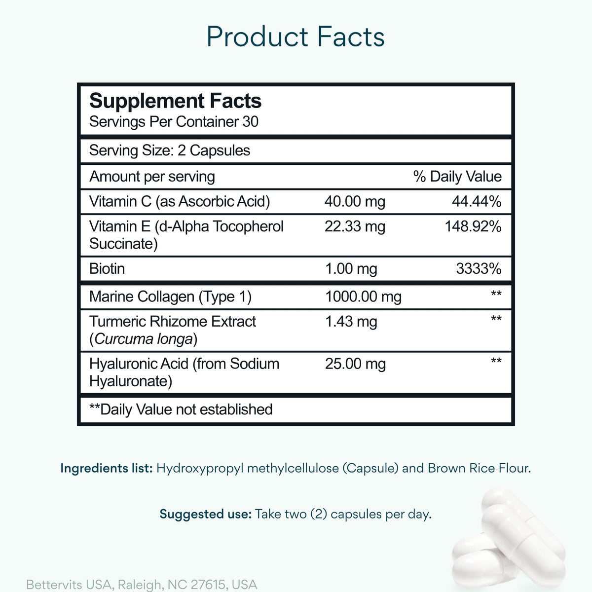 Bettervits Collagen Peptides Complex with Hyaluronic Acid & Turmeric | Hydrolyzed Marine Collagen Supplements for Women & Men | Collagen with Vitamin C for Skin, Hair, Nails & Joints – 60 Capsules - Maple Wellness Supplements