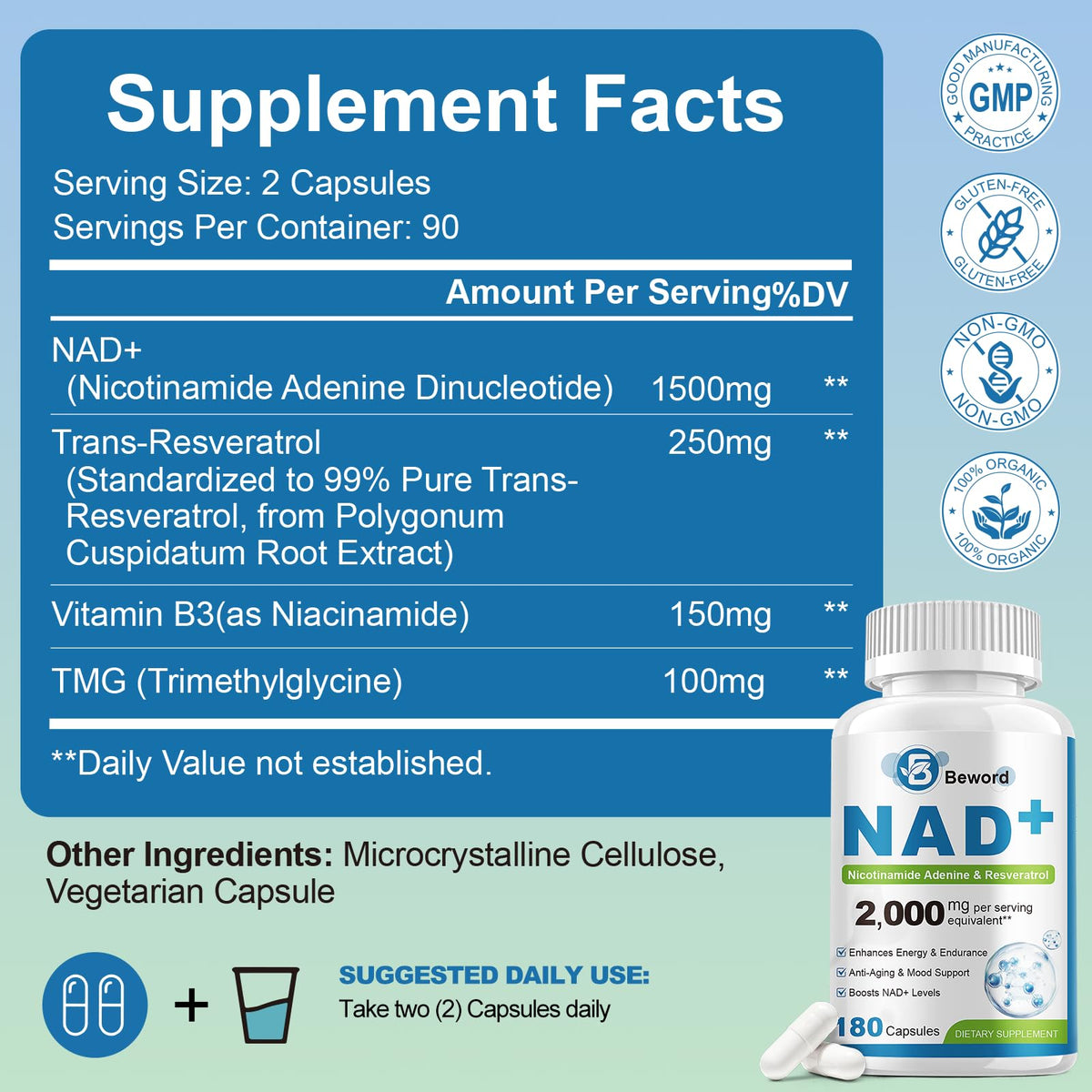 BEWORD Liposomal NAD 2000 Mg, 180 Capsules, 4-in-1 Formula with Liposomal NAD, Trans-Resveratrol, Non-GMO | Energy Support - Maple Wellness Supplements