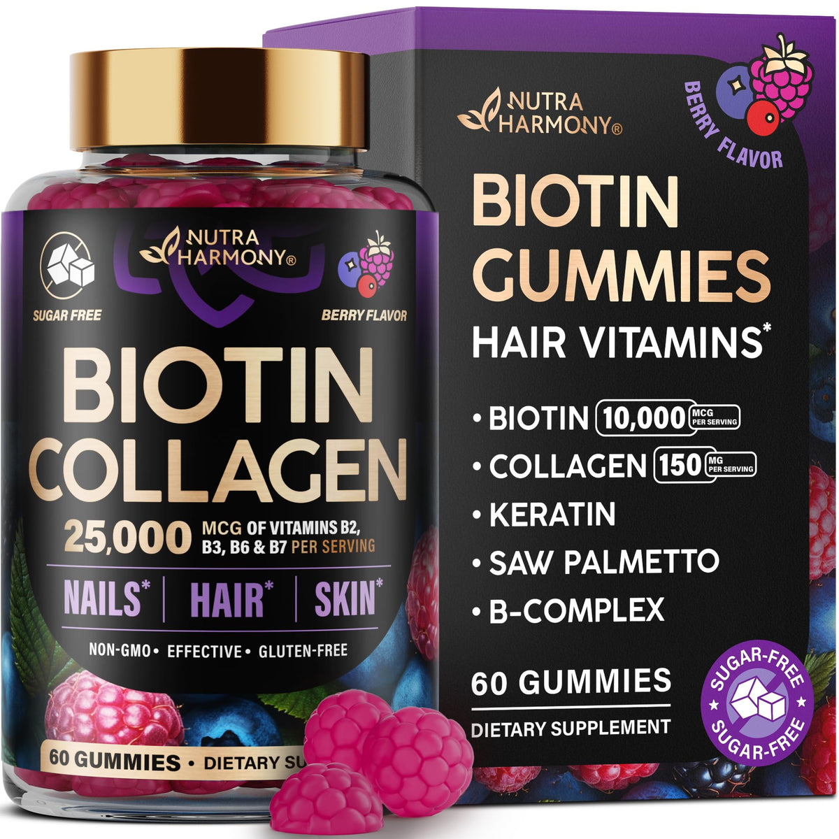 Biotin Gummies with Collagen - Hair Growth Support Skin, & Nail Strength - for Women & Men - Biotin 10000mcg | Keratin | Hyaluronic Acid | B-Complex | Saw Palmetto - Maple Wellness Supplements