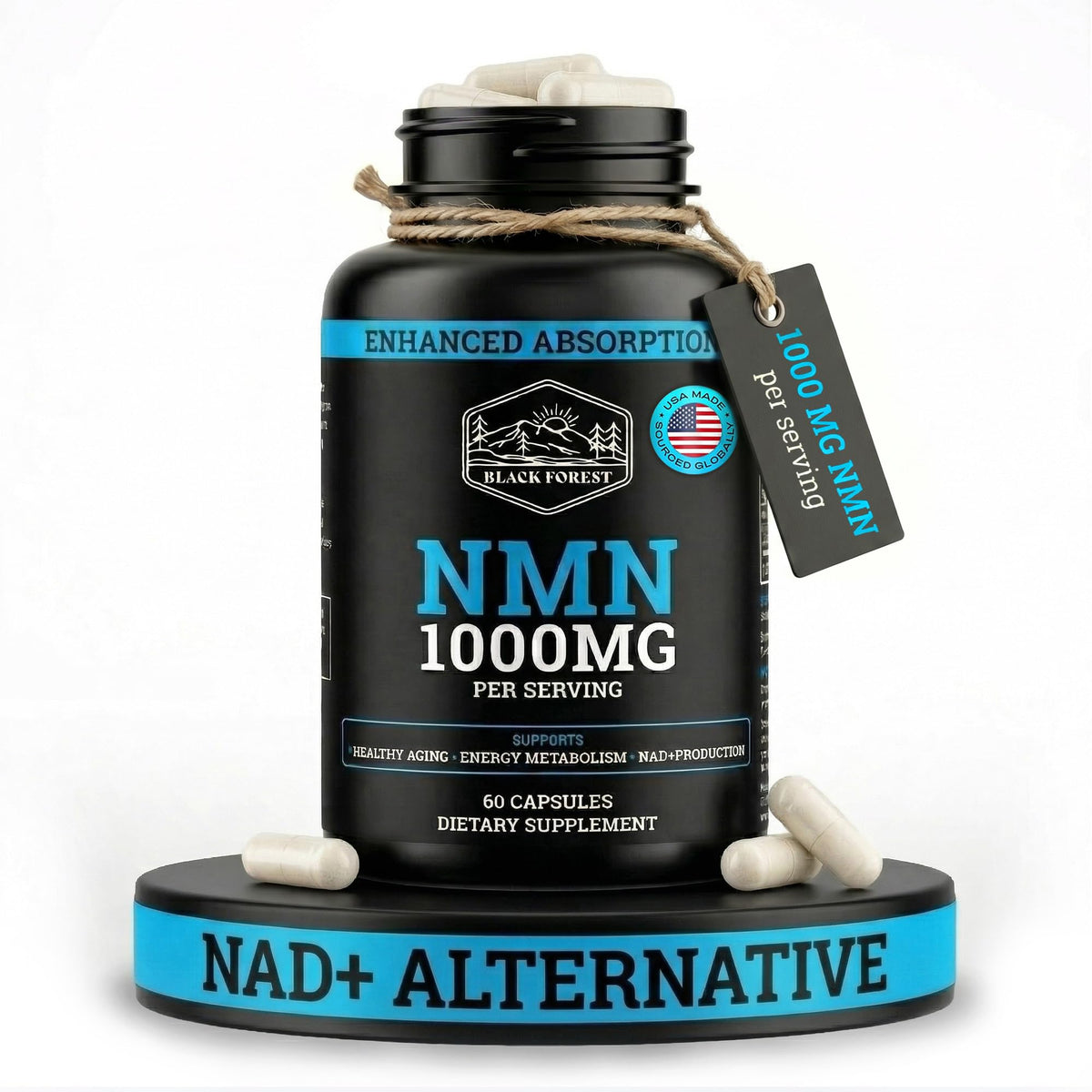 Black Forest NMN Supplements 1000mg (Nicotinamide Mononucleotide) 99% Pure, Stabilized Form, BioPerine® for Enhanced Bioavailability (60 Capsules) - Maple Wellness Supplements