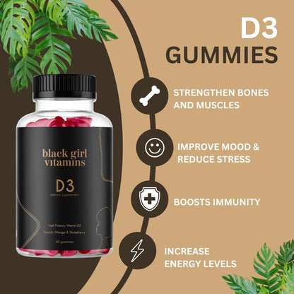 Black Girl Vitamins - Vitamin D3 Gummies, for Immune, Energy, and Bone Support, 2000IU (50mcg) Vitamin D per Serving - Maple Wellness Supplements