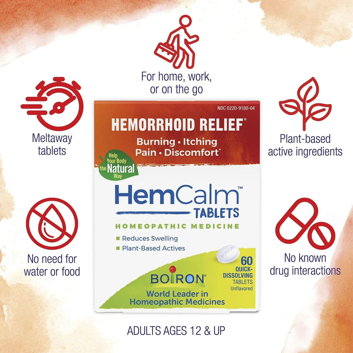 Boiron HemCalm Tablets for Hemorrhoid Relief of Pain, Itching, Swelling or Discomfort - 60 Count - Maple Wellness Supplements