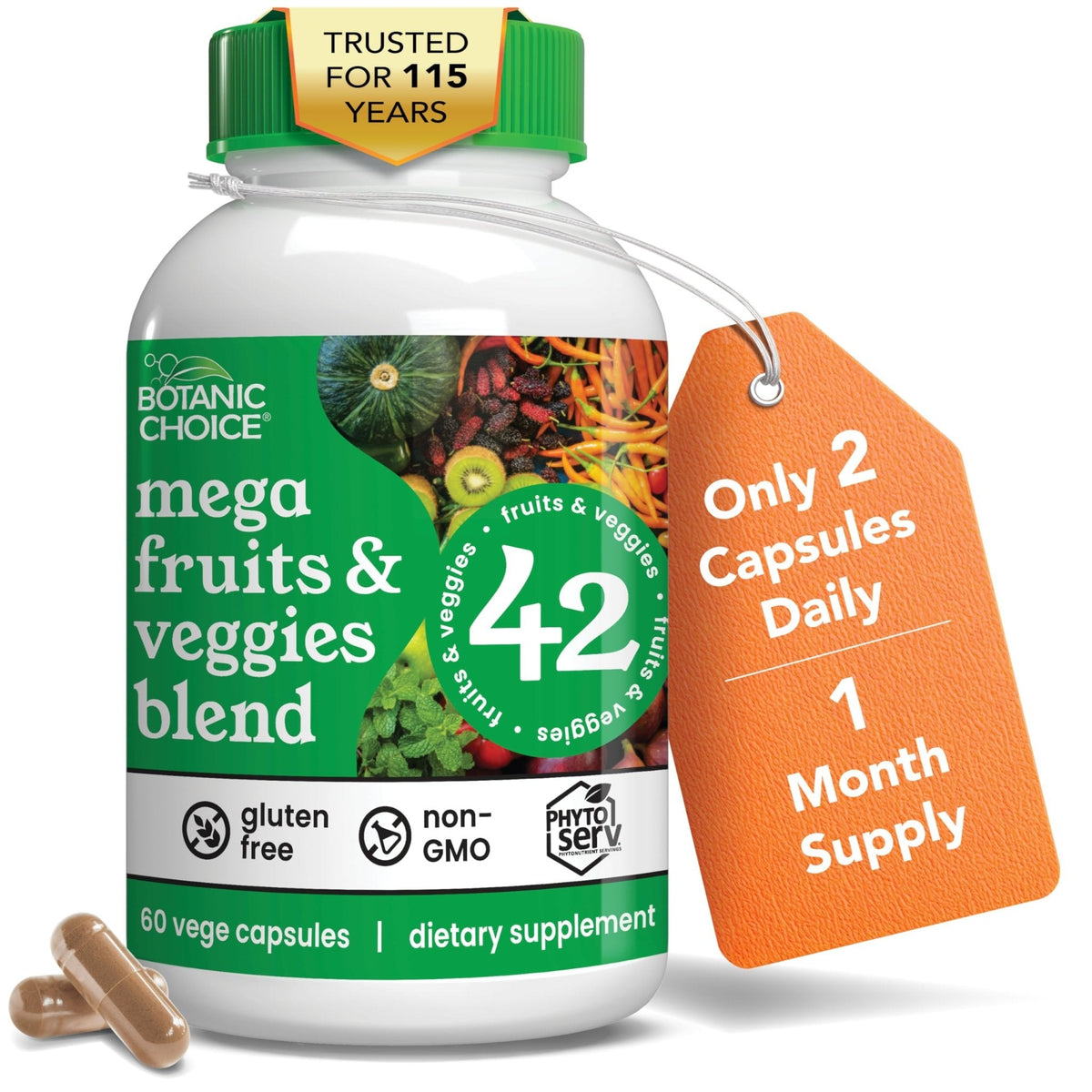 Botanic Choice Since 1910 - Mega Fruits & Veggies Blend - 42 Fruits and Vegetables - 2 Caps Daily - 60 Count Supplement - Maple Wellness Supplements