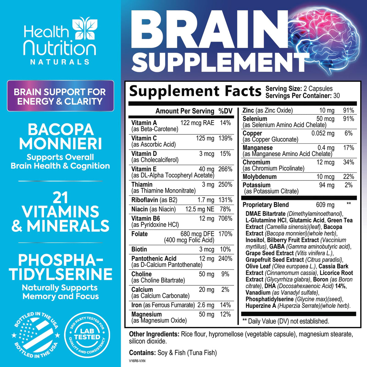 Brain Memory Supplement - 3X Strength Nootropics for Concentration, Clarity & Focus Support - Brain Health Cognitive Vitamins with Bacopa, Phosphatidylserine & DMAE 609mg, Brain Booster, 60 Capsules - Maple Wellness Supplements