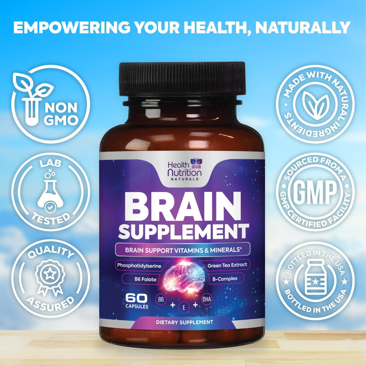 Brain Memory Supplement - 3X Strength Nootropics for Concentration, Clarity & Focus Support - Brain Health Cognitive Vitamins with Bacopa, Phosphatidylserine & DMAE 609mg, Brain Booster, 60 Capsules - Maple Wellness Supplements