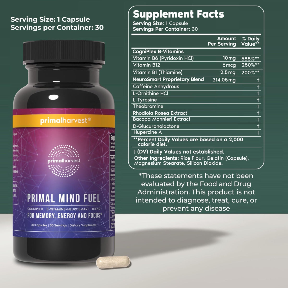 Brain Supplement by Primal Harvest, Primal Mind Fuel Brain Booster for Focus, Energy, Clarity, and Brain Health 30 Capsules - Maple Wellness Supplements