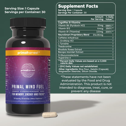 Brain Supplement by Primal Harvest, Primal Mind Fuel Brain Booster for Focus, Energy, Clarity, and Brain Health 30 Capsules - Maple Wellness Supplements