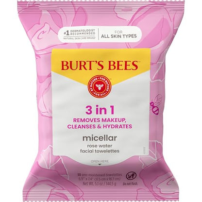 Burt’s Bees Micellar Rose Water Facial Towelettes, 100% Plant Based Cloth; 99% Natural Origin; Remove Makeup, Cleanse, Hydrate; No Oily Residue; All Skin Types; 30 Ct, Pack of 3 (Pack May Vary) - Maple Wellness Supplements