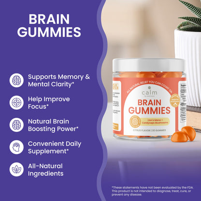Calm by Wellness Lion’s Mane Gummies for Adults – Vegan Mushroom Gummies with Lion’s Mane & Cordyceps for Brain Support, Memory & Focus, Immune Boost – Citrus Flavor, 30 Count - Maple Wellness Supplements