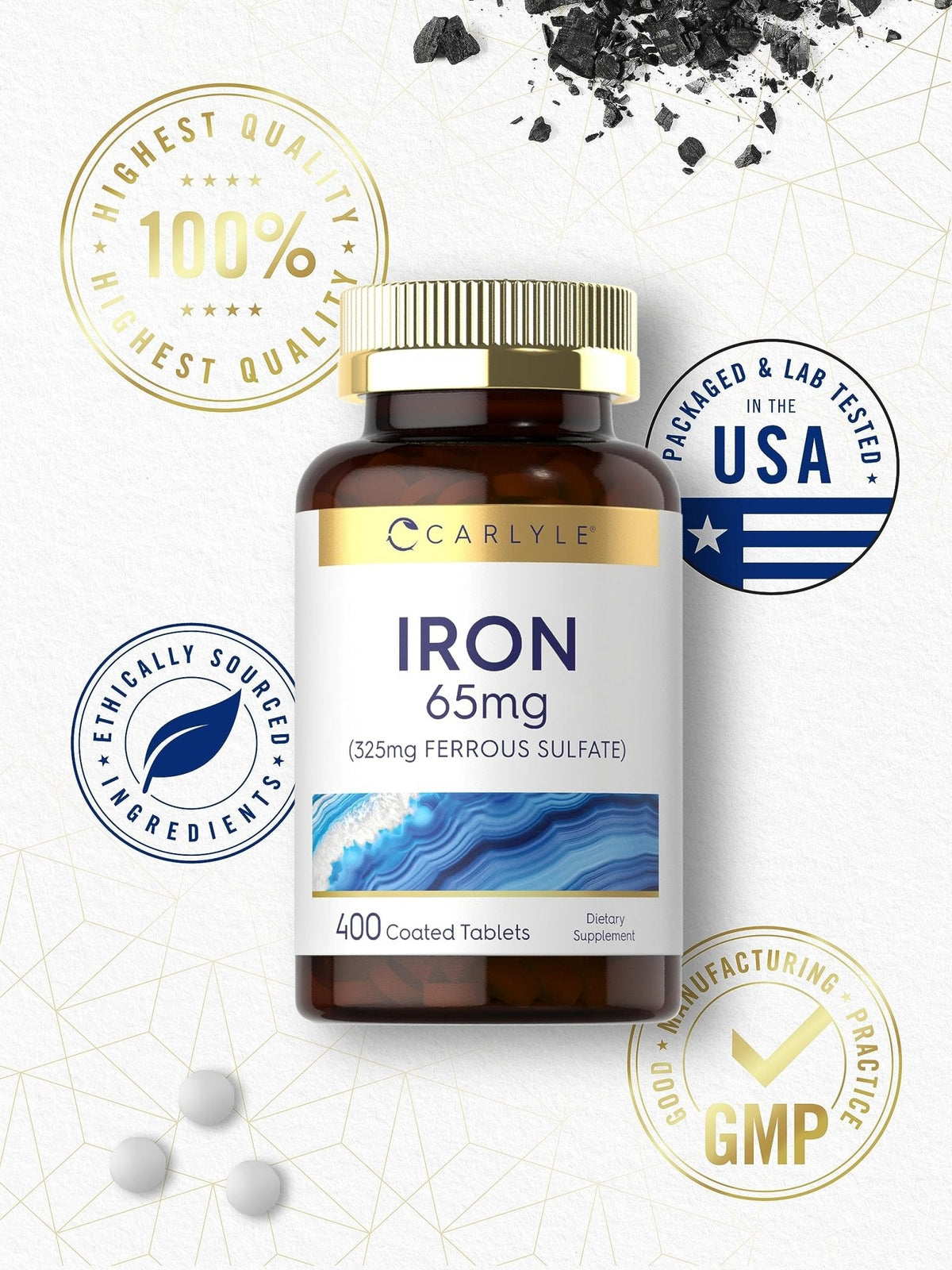 Carlyle Iron Ferrous Sulfate 325mg, 65 mg | 400 Tablets | Non-GMO, Gluten Free, and Vegetarian Supplement | High Potency - Maple Wellness Supplements