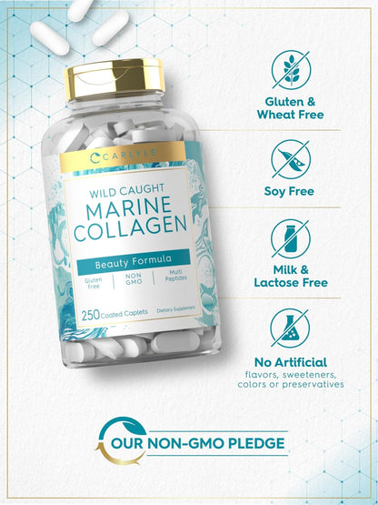 Carlyle Marine Collagen for Hair Skin and Nails | 250 Caplets | Peptides for Women and Men | Type I with Calcium | Non-GMO & Gluten Free - Maple Wellness Supplements