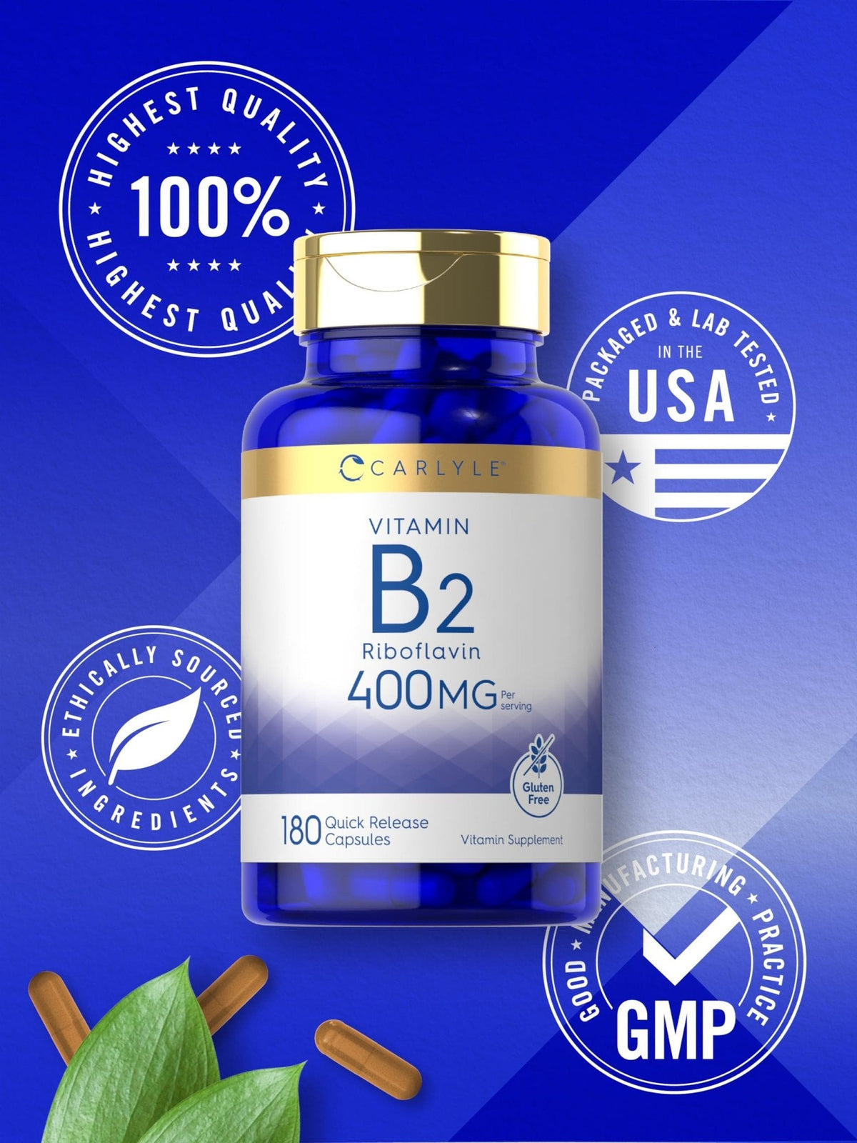 Carlyle Vitamin B-2 400mg | 180 Count | Non-GMO, Gluten Free Supplement | B2 Riboflavin - Maple Wellness Supplements