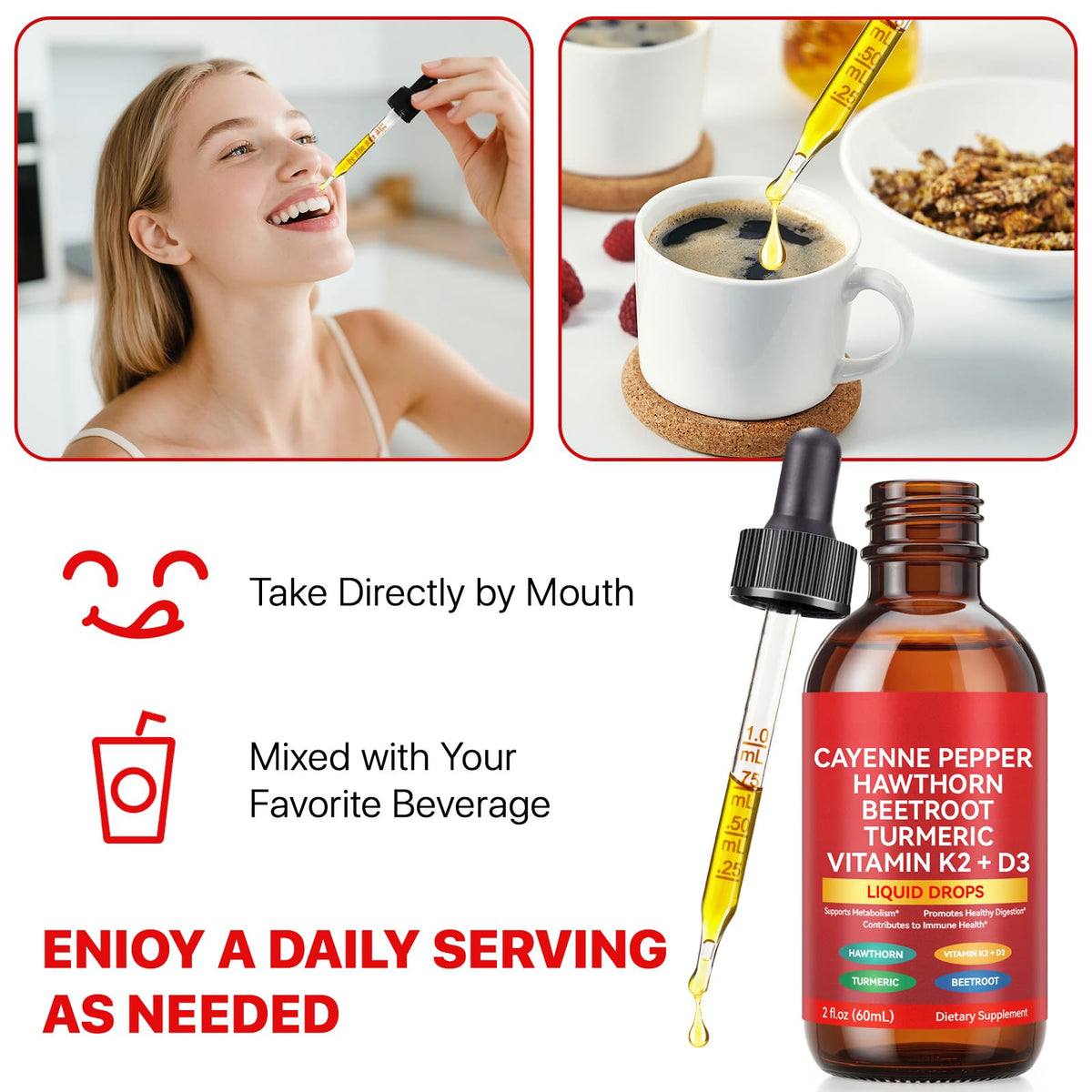 Cayenne Pepper Drops, Liquid Cayenne Pepper Organic, Cayenne Health Supplements, Cayenne Pepper Hawthorn Beet Root Turmeric Curcumin, Vitamin K2 & D3, Vegan-Friendly- 2 Fl Oz - Maple Wellness Supplements