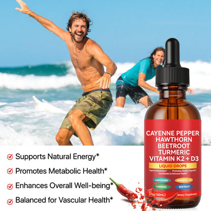 Cayenne Pepper Drops, Liquid Cayenne Pepper Organic, Cayenne Health Supplements, Cayenne Pepper Hawthorn Beet Root Turmeric Curcumin, Vitamin K2 & D3, Vegan-Friendly- 2 Fl Oz - Maple Wellness Supplements