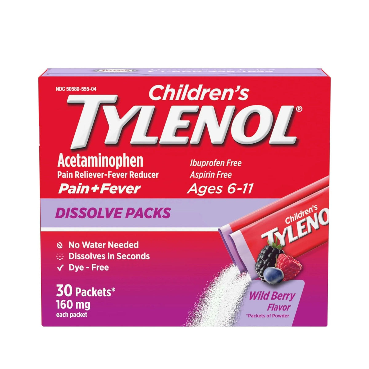 Children's Tylenol Dissolve Packs for Pain Relief, Fever Medication, 160 mg Acetaminophen, Dye Free, Kids' Powder Packets for Cold & Flu Symptom Relief; Wild Berry Flavor, 30 ct.; Pack of 1 - Maple Wellness Supplements