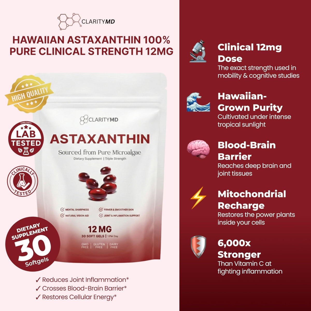 ClarityMD Astaxanthin 12mg Antioxidants Supplement – Natural Microalgae Source – Lipid-Based Softgel for Enhanced Absorption – Cognitive - Maple Wellness Supplements