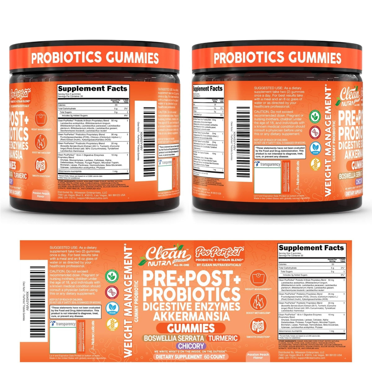 Clean Nutra Prebiotic Postbiotic Digestive Enzymes Gummies with Chicory Root, Boswellia Serrata, Turmeric, and Akkermansia | Pre+Post Probiotics Supplement - Maple Wellness Supplements