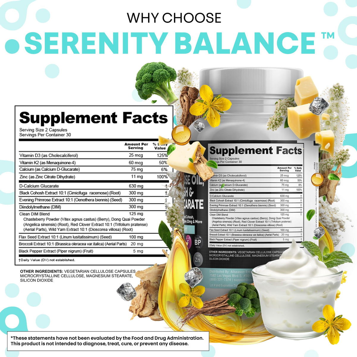 Clean Nutraceuticals DIM Evening Primrose Black Cohosh Calcium D-Glucarate Sulforaphane Flax Seed Extract - Hormonal Support Vitamins for Women with Dong Quai - 60 Caps - Maple Wellness Supplements
