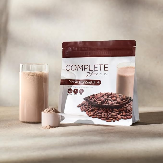 Complete by JuicePlus+ Dutch Chocolate Shakes - Plant-Based Nutrition - Whole Food Based Shake Powder with Protein, Fiber & Prebiotics - 30 Servings (2 Pouches, 15 Servings Each) - Maple Wellness Supplements