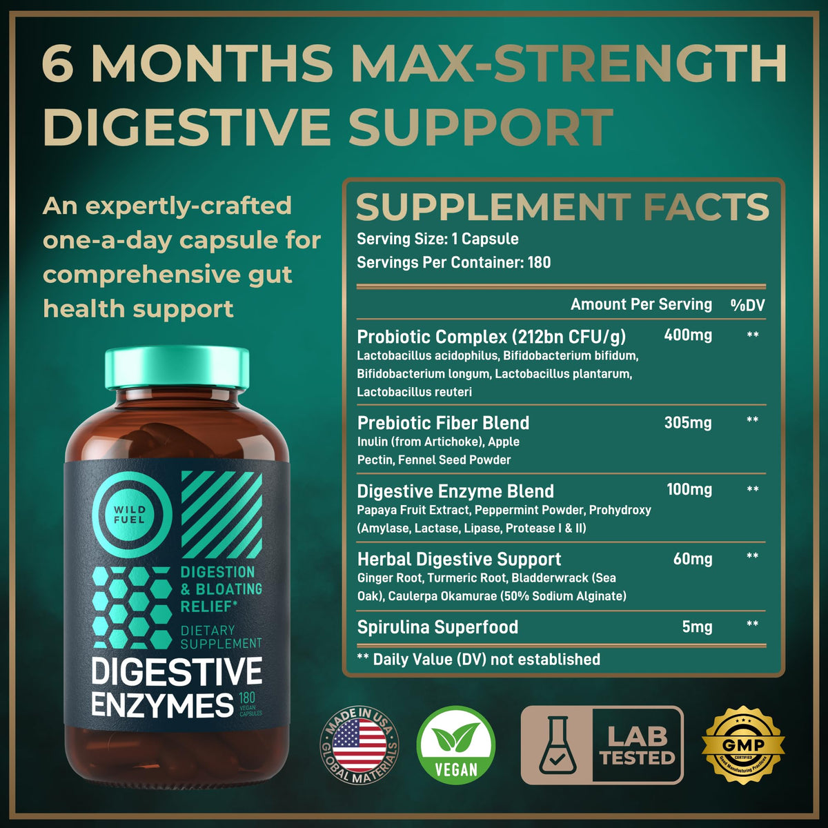 Complete Digestive Enzymes for Women & Men - 800mg Vegan Digestive Enzymes and Probiotics Prebiotics - Bloating Support, Gut Health & Digestion Supplement - Maple Wellness Supplements