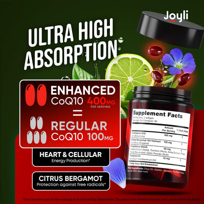 CoQ10 400mg Softgels - High Absorption Co Q10, 400mg Softgels for Heart Health & Energy Production - Enhanced Co Q 10 Supplement with Antioxidants and Flaxseed Oil - CoQ10 400 mg per Serving - Maple Wellness Supplements
