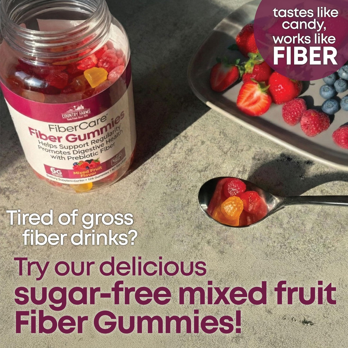 Country Farms Fiber Care Prebiotic Gummies, 6g of Fiber Per Serving, GLP-1 Booster, FOS from Beets, Digestive Health and Bloat, Supports Regularit - Maple Wellness Supplements