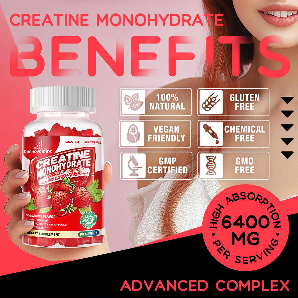 Creatine Monohydrate Gummies Complex for Men & Women -Advanced Formula W/L-Taurine + Vitamin B12, Sugar Free Chewable Supplement,90 Strawberry Gummies - Maple Wellness Supplements