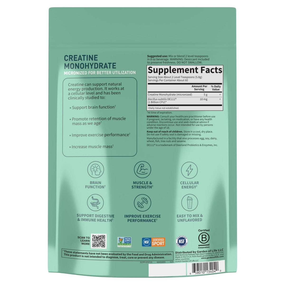 Creatine Monohydrate Powder for Women and Men by Garden of Life, Micronized Pre Workout with Probiotics for Muscle, Strength, Performance, Sport Amino Energy, - Maple Wellness Supplements