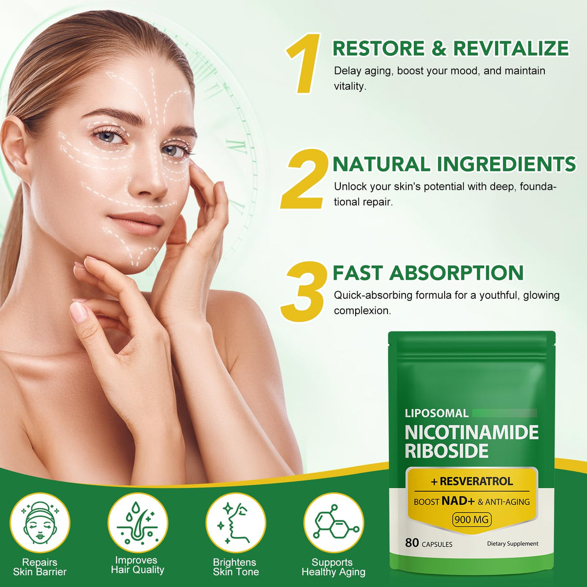 Daiasns NAD+ Supplement 900mg - Liposomal Nicotinamide Riboside & Resveratrol, Supports Muscle, Brain, Cellular Energy - NMN Supplement Alternative for Men and Women, 80 Capsules (Pack of 1) - Maple Wellness Supplements