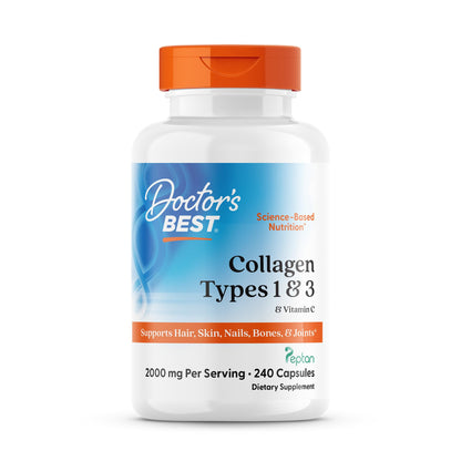 Doctor's Best Collagen Types 1 & 3 with Vitamin C, Non-GMO, Gluten Free, Soy Free, Supports Hair, Skin, Nails, Tendons & Bones, 500 mg, 240 Caps (DRB-00263) - Maple Wellness Supplements