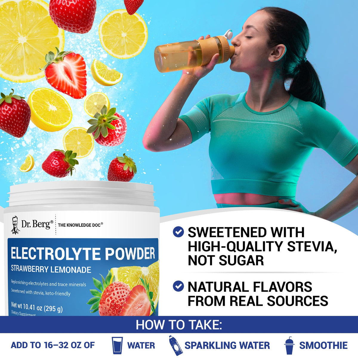 Dr. Berg Zero Sugar Hydration Keto Electrolyte Powder - Enhanced w/ 1000 mg of Potassium & Real Pink Himalayan Salt (NOT Table Salt) - Strawberry Lemonade Hydration Drink Supplement - 50 Servings - Maple Wellness Supplements