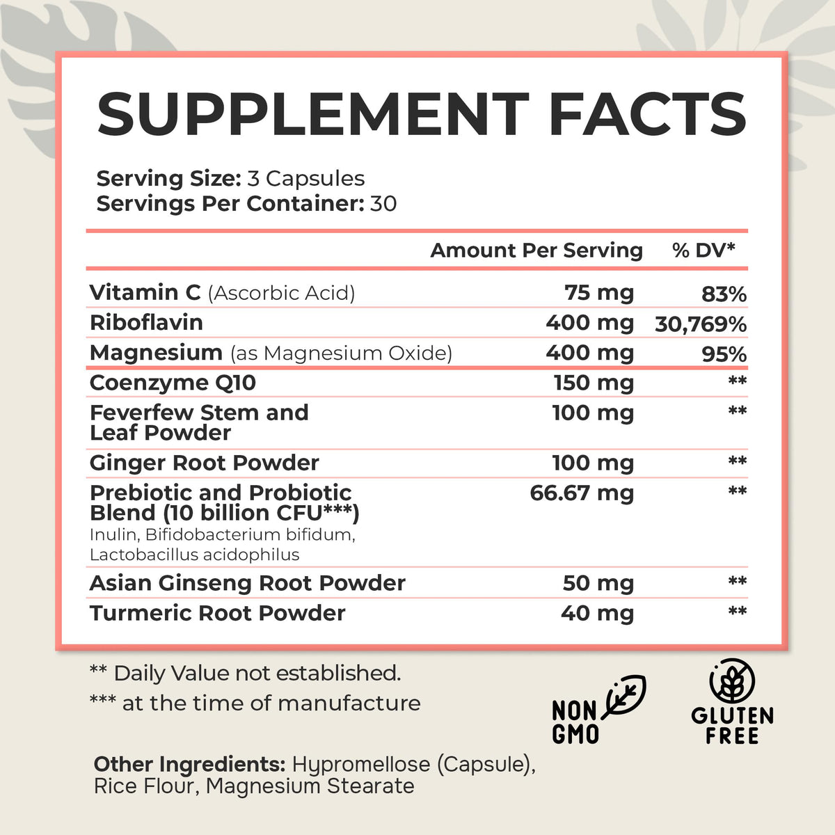 Dr. Munnerlyn MigraPro with Probiotics, Brain and Gut Health Support Supplement with Magnesium, Riboflavin, CoQ10, Ginger Root, Asian Ginseng, Vitamin C, Feverfew & Turmeric, Gluten Free, 90 Capsules - Maple Wellness Supplements
