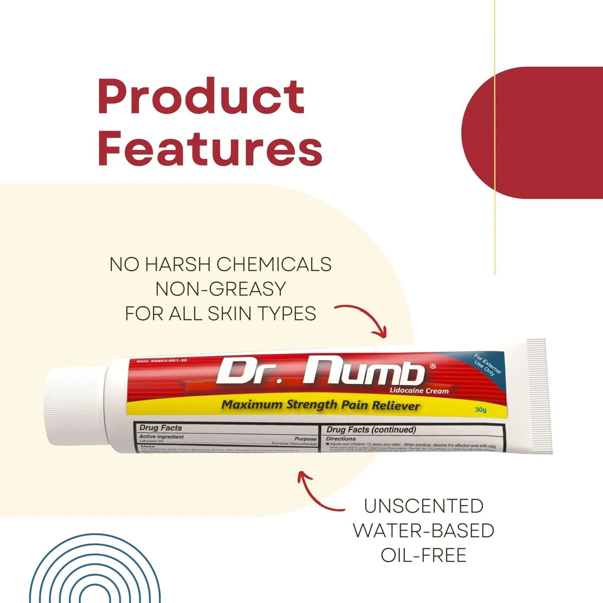Dr. Numb 5% Lidocaine Numbing Cream, Fast-Acting Maximum Strength Topical Anesthetic Pain Relief Burn Itch Numb Cream with Vitamin E for Hemorrhoid Treatment, Local and Anorectal Uses - 30g - Maple Wellness Supplements