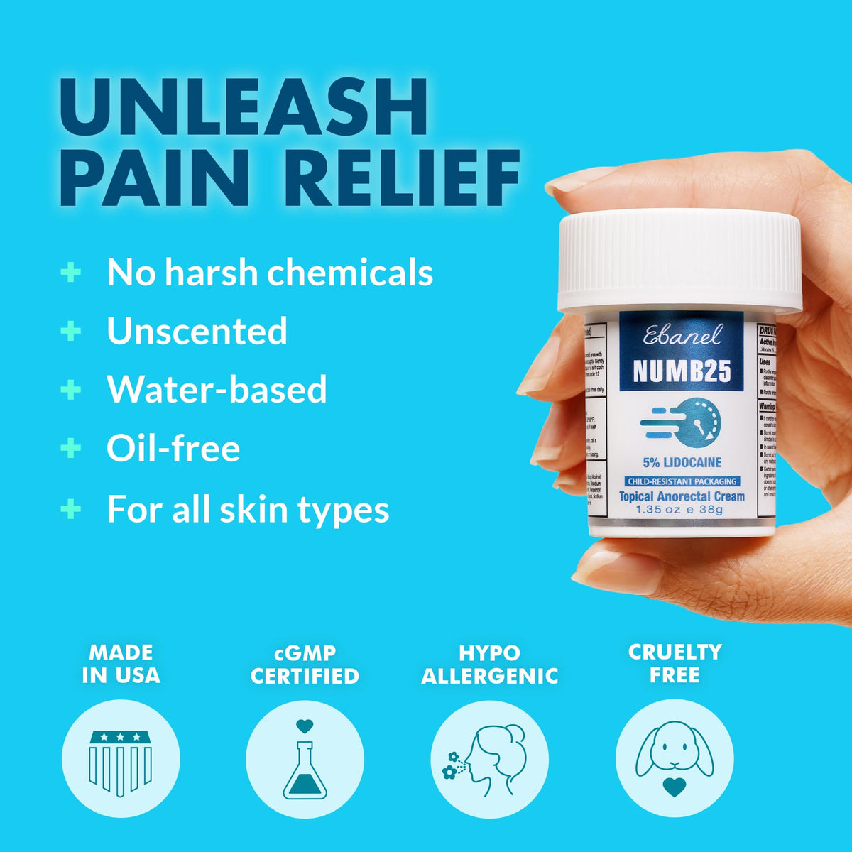 Ebanel 5% Lidocaine Numbing Cream, Pain Relief Burn Itch Numb Cream, Maximum Strength Numb25 Topical Anesthetic with Allantoin, Vitamin E for Local and Anorectal Uses, Hemorrhoid Treatment, 1.35 Oz - Maple Wellness Supplements