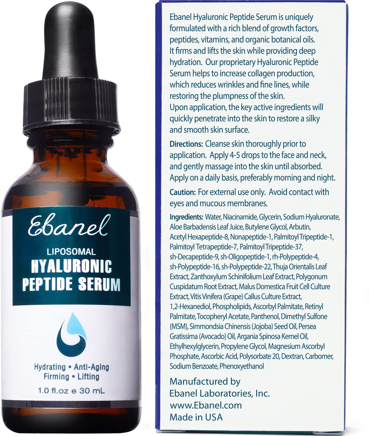 Ebanel Hyaluronic Acid Serum for Face with Peptides & Niacinamide, Hydrating Face Serum for Women, Age-Defying Formula Infused with Vitamins B, C & E to Plump, Firm & Smooth Skin - Maple Wellness Supplements