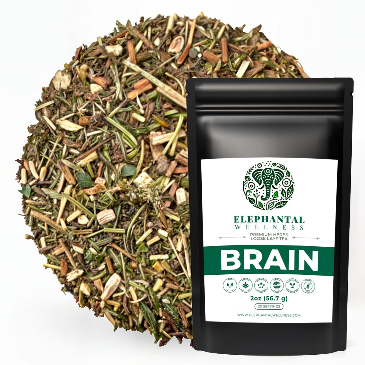 Elephantal Wellness Premium Brain Herbal Tea | Nootropic Focus & Mental Clarity with Ginkgo, Bacopa, Gotu Kola & Rosemary | Non-GMO, Caffeine-Free Coffee Alternative, Handmade Loose Leaf Blend, 2oz Loose Leaf, 20 Servings - Maple Wellness Supplements