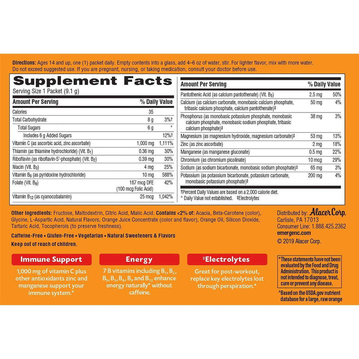 Emergen-C 1000mg Vitamin C Powder for Daily Immune Support Caffeine Free Vitamin C Supplements with Zinc and Manganese - Maple Wellness Supplements