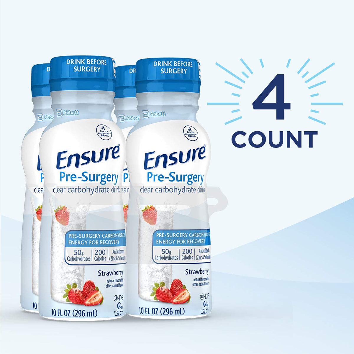 Ensure Pre-Surgery, Clear Carbohydrate Drink, Strawberry, 10 fl oz, 4 Count - Maple Wellness Supplements