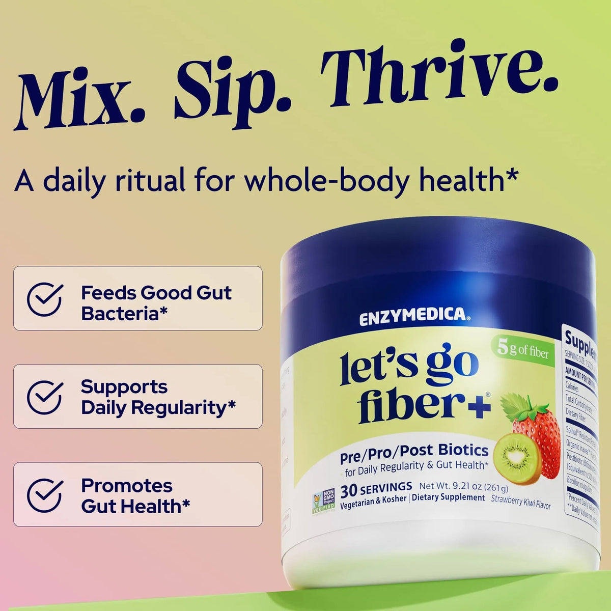 Enzymedica, Let’s Go Fiber+ Strawberry & Kiwi, Prebiotics & Probiotics, Postbiotic, Soluble Fiber for Gut Health, Regularity, Powder for Men & Women, Sugar-Free, 30 Servings - Maple Wellness Supplements